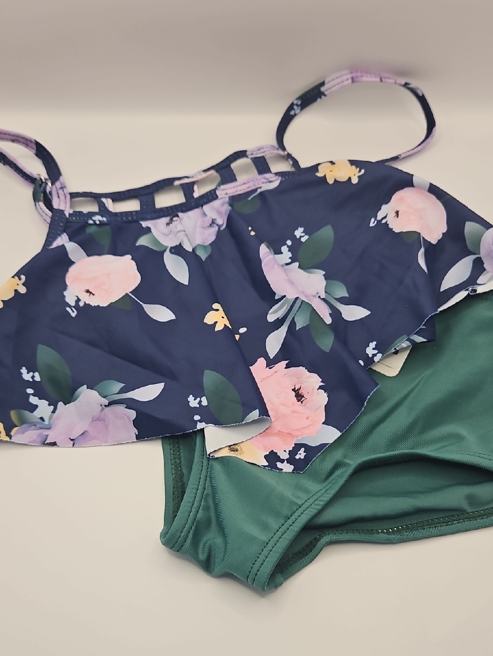 Navy Floral & Green Girls' Two-Piece Swim Bikini